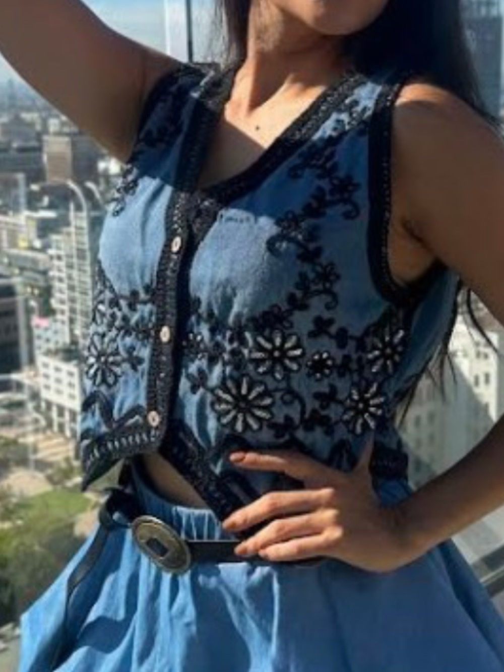 T201 Denim Love Black Embroidered Embellished Denim Vest Western Boho